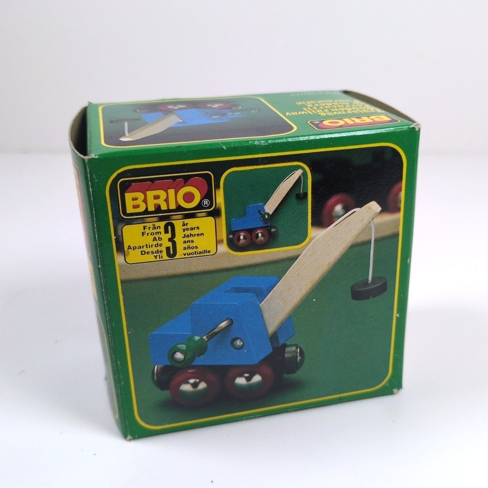 Vtg 90s BRIO Mobile Crane Train Car Blue Wooden Railway Magnetic 33383